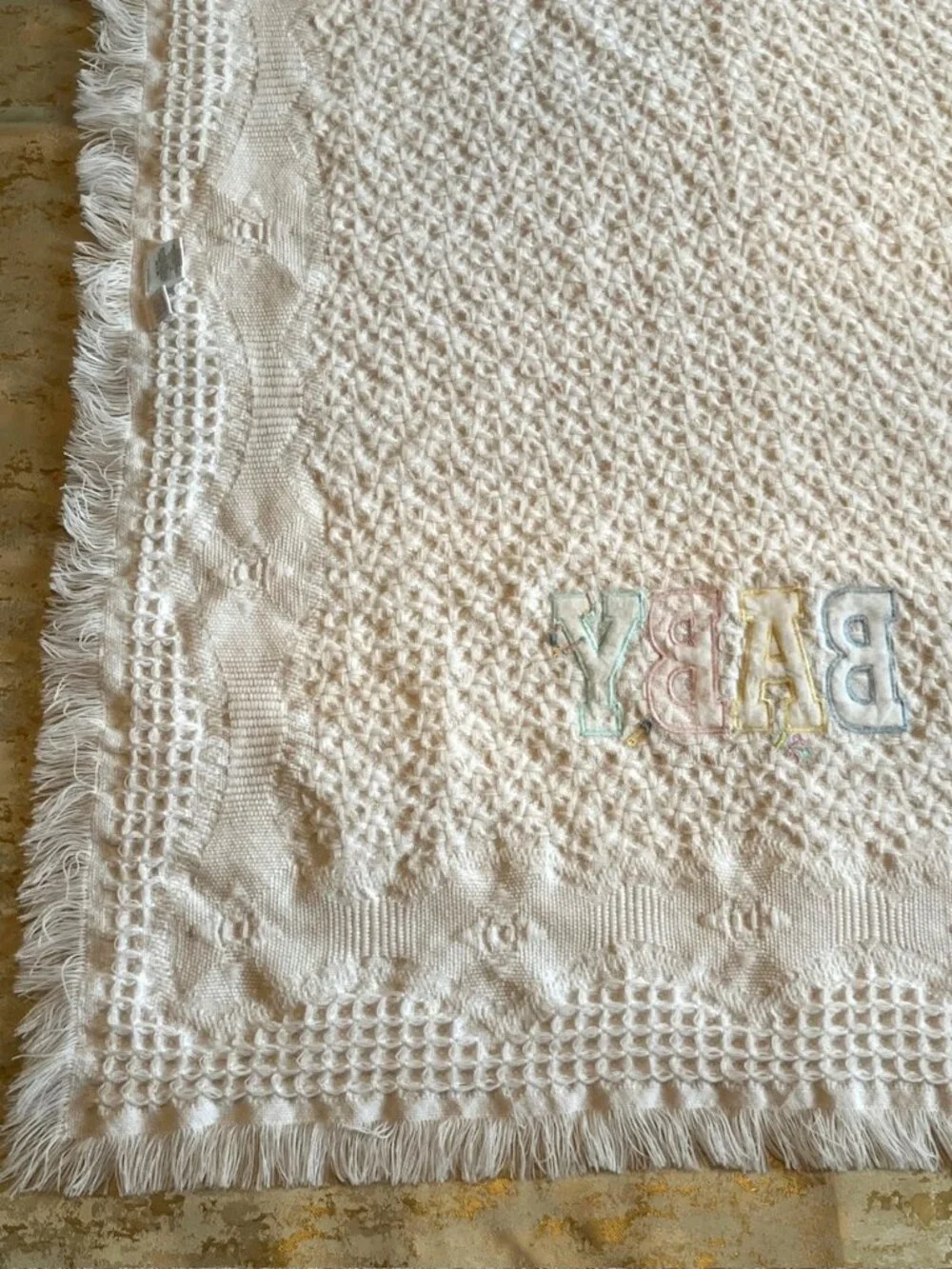 Bright Future Baby Blanket White Fringe Woven Textured Acrylic 33x47 Korea